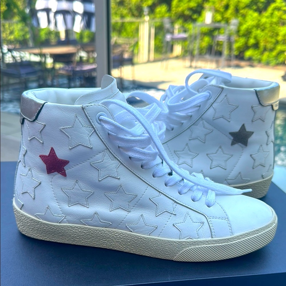 Saint Laurent White and Pink Quilted Sneakers
